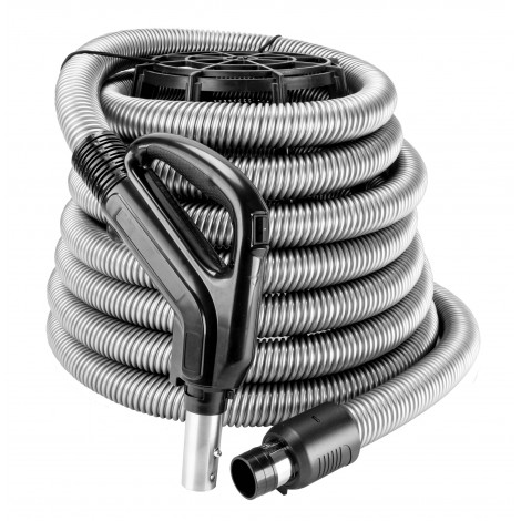 Boyau complet pour aspirateur central d'une longeur de 15 m (50') - diamètre de 1 3/8" - avec poignée pompe à gaz pivotante à 360° - 24V - couleur argent