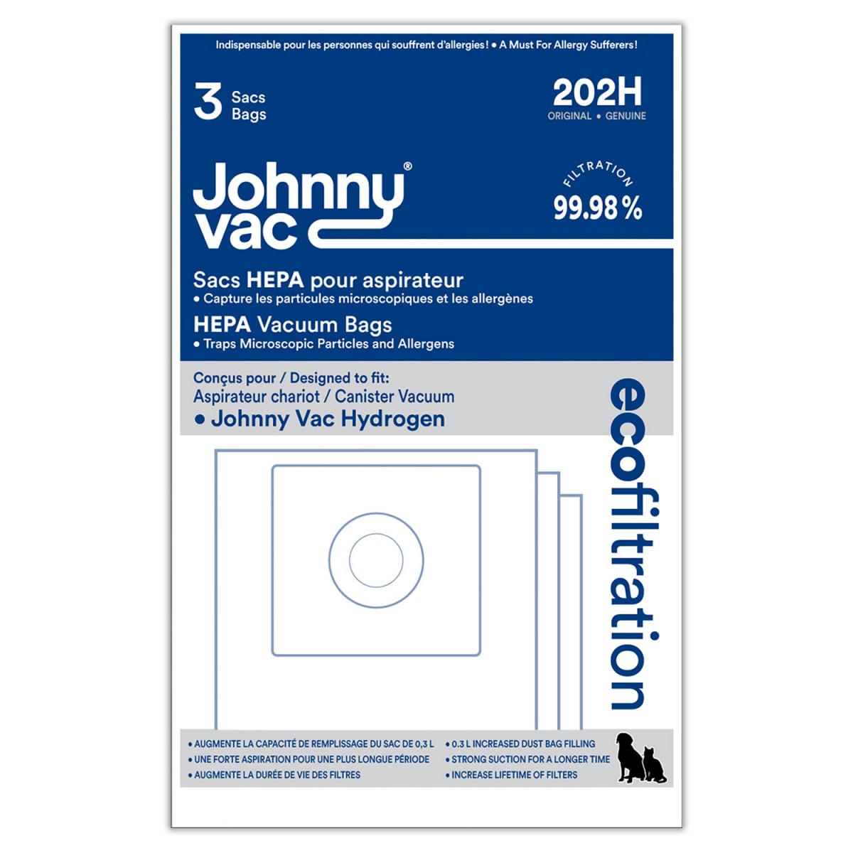 Sac microfiltre HEPA pour aspirateur Johnny Vac Hydrogen - paquet