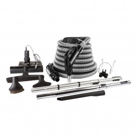 Central Vacuum Kit - 30' (9 m) Silver Electrical Hose - SEBO Power Nozzle - Floor Brush - Dusting Brush - Upholstery Brush - Crevice Tool - 2 Telescopic Wands - Hose and Tools Hangers - BLACK