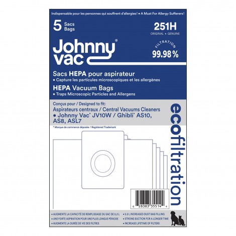 HEPA Microfilter Bag for Johnny Vac Vacuum Models JV10W and Ghibli AS10, ASL7, AS8 - Pack of 5 Bags