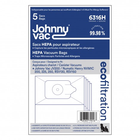 Sac microfiltre HEPA pour aspirateur Johnny Vac JV200 et Numatic Henry NVM1C 200, 225, 250, RSV130 RSV150- paquet de 5 sacs