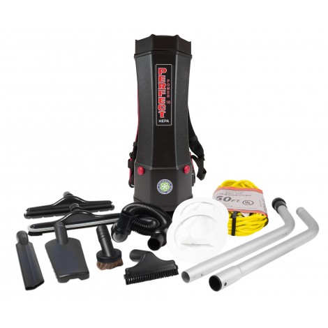 Backpack Vacuum - 2.64 gal (10 L) Tank Capacity - HEPA Filtration - with Accessories - Integrated Electric Outlet